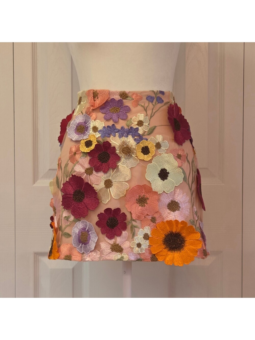 Soft Pink 3D Floral Applique Mini A-line Skirt Size XS Cottage Coquette Spring